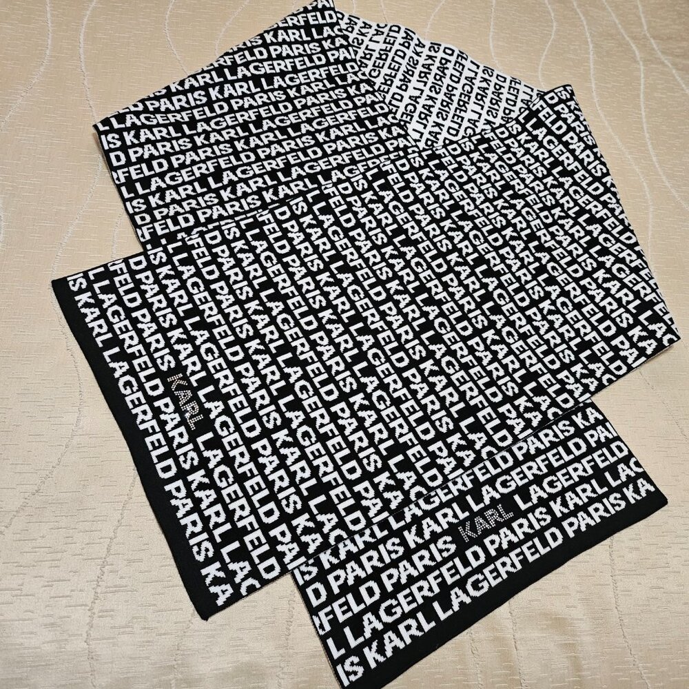 KARL LAGERFELD CHIC ICONIC MONOCHROME BLACK & WHITE  LOGO SCARF - Picture 12 of 15